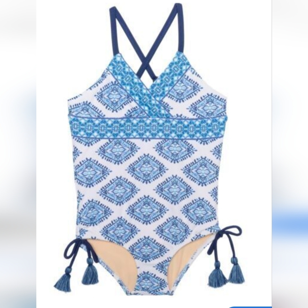 CABANA LIFE Girls Blue Batik Print One Piece Swimsuit UPF 50+  Size 7/8 approx